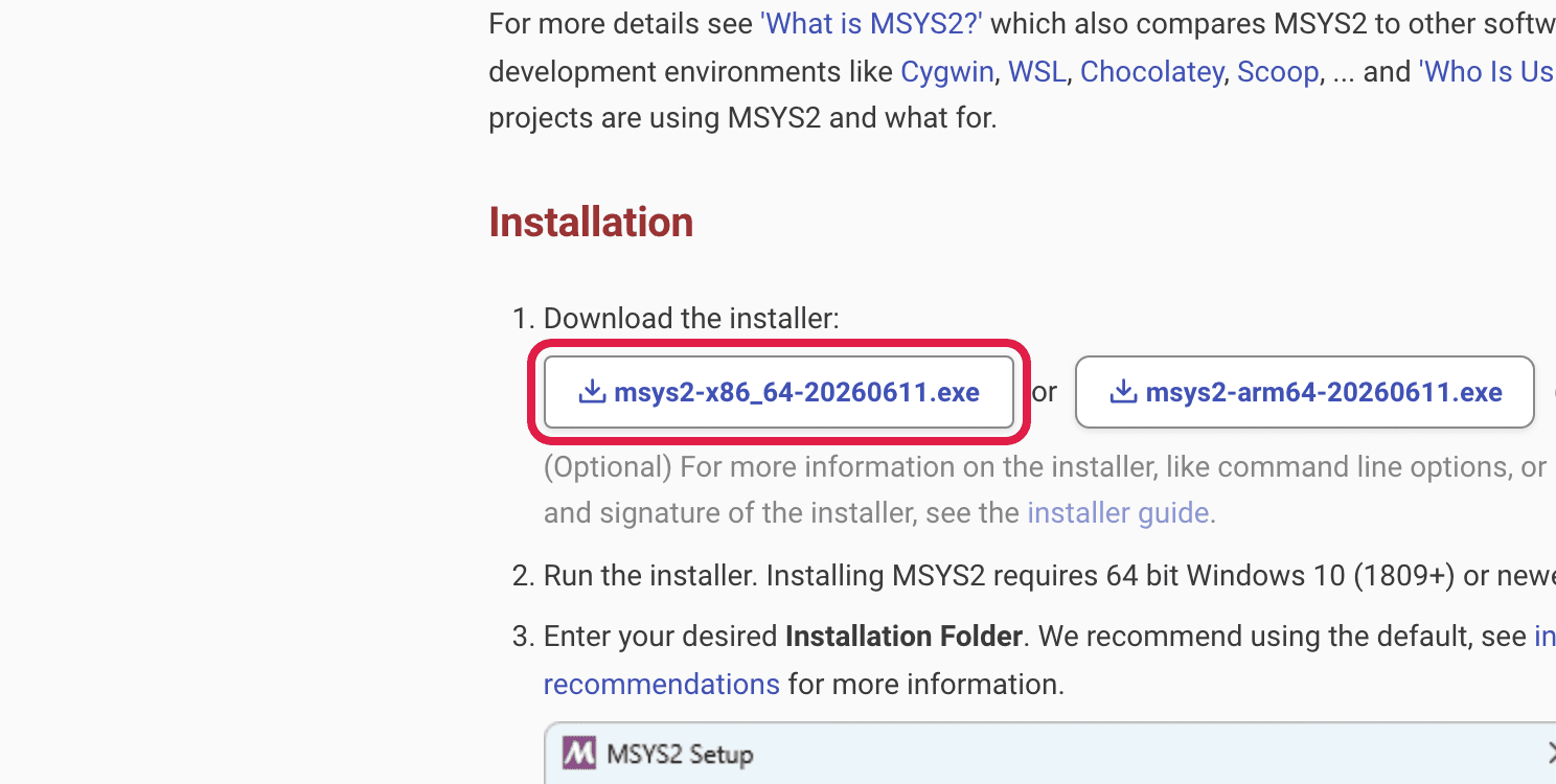 The MSYS2 website with the installer download link circled in red