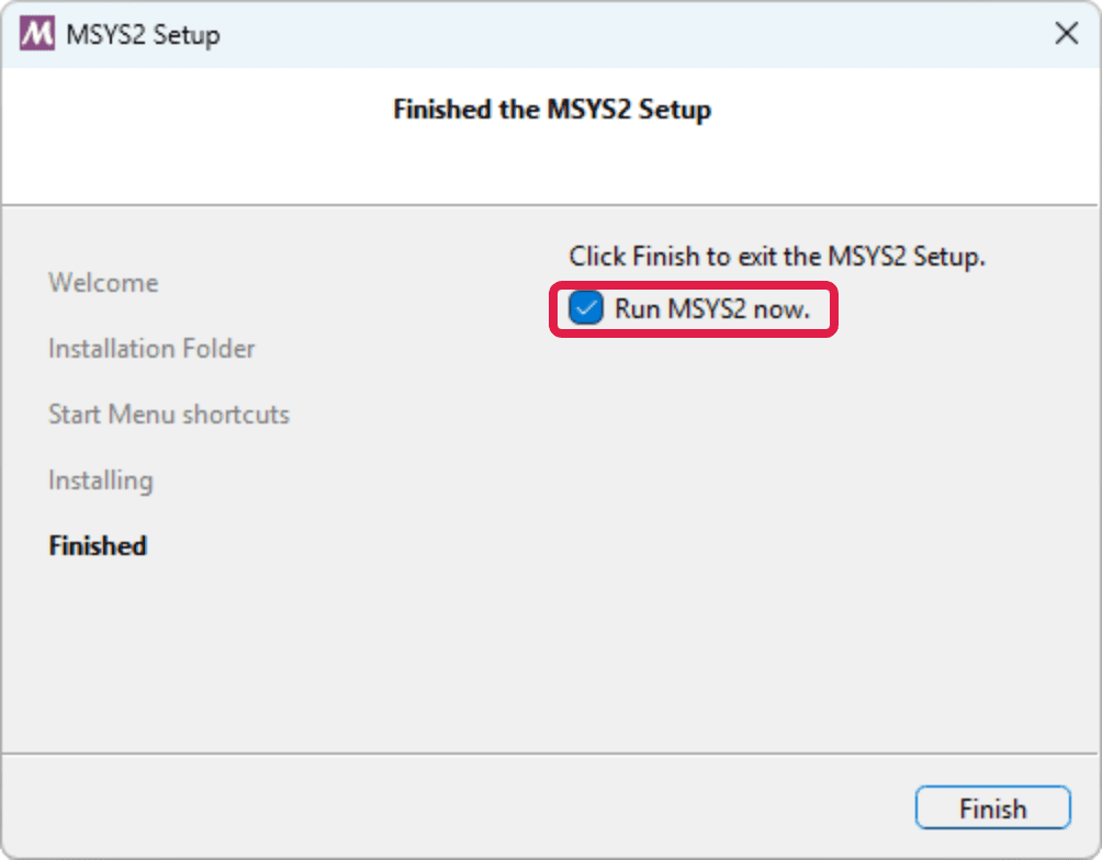 The last MSYS2 installer screen with Run MSYS2 now circled in red