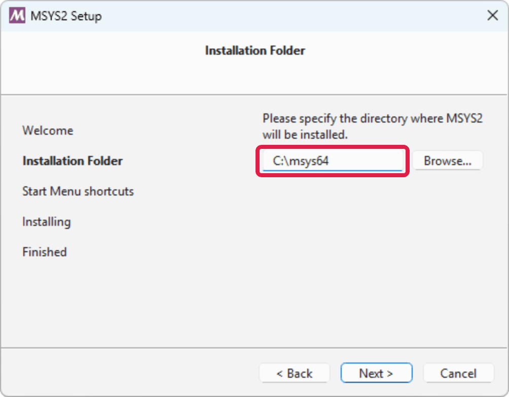 The MSYS2 installer folder screen with C:\msys64 circled in red