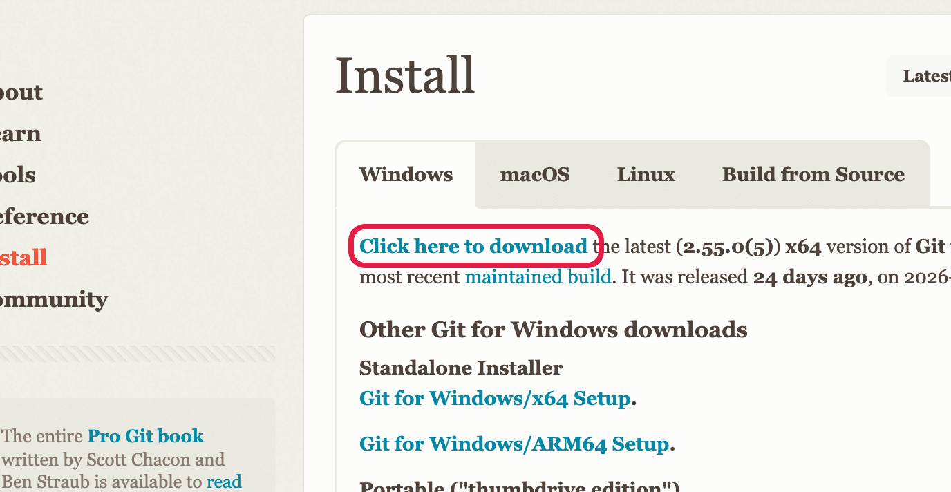 The Git download page with Click here to download circled in red