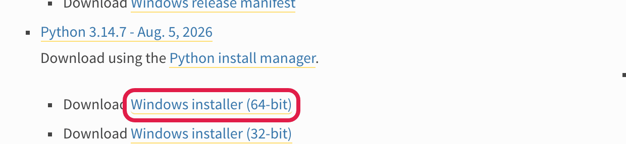 The Python download page with Windows installer (64-bit) circled in red