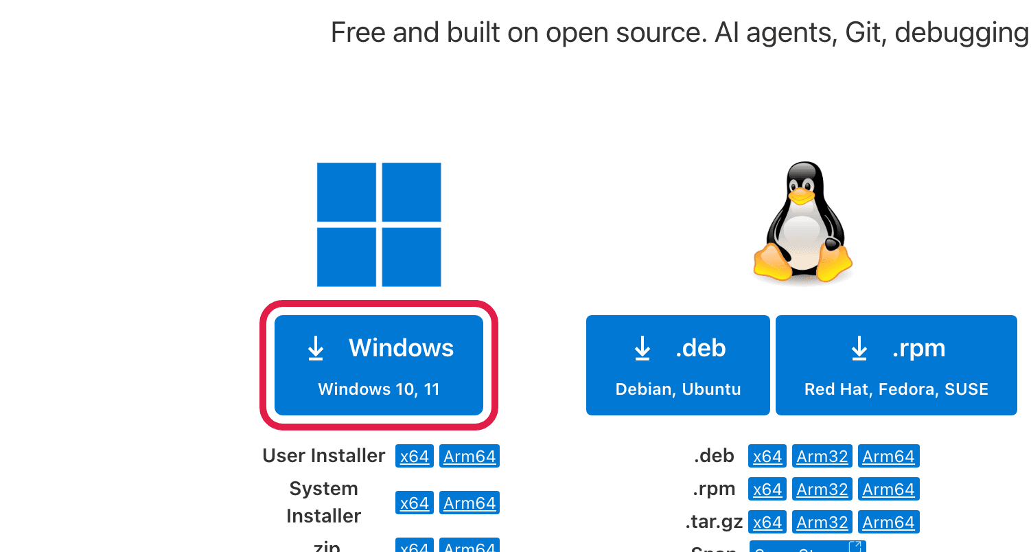 The VS Code download page with the Windows button circled in red