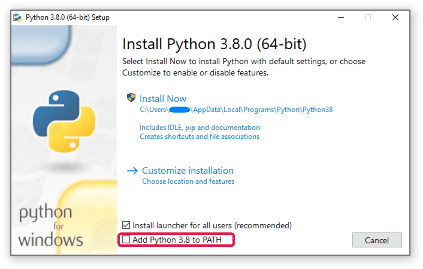 The Python installer with the Add to PATH checkbox circled in red