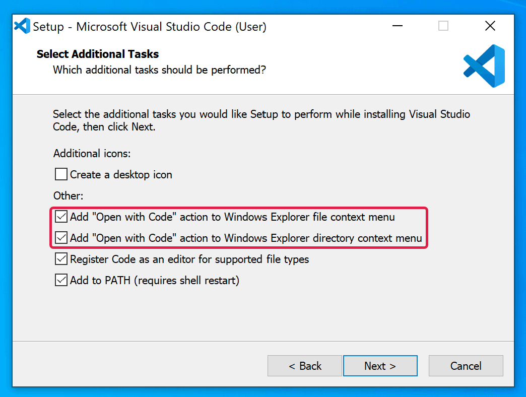 The VS Code installer with the two Open with Code boxes circled in red